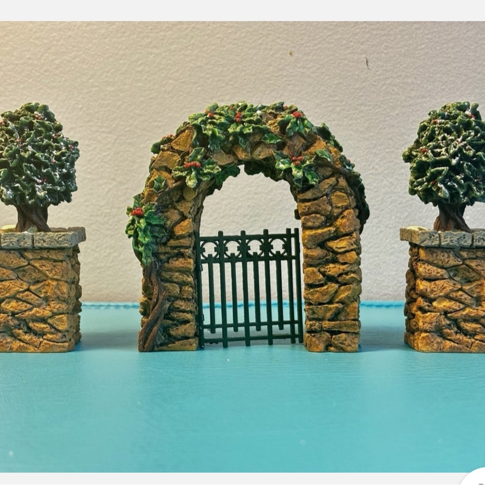 Department 56 Village Stone Corner Posts with Holly Tree and Stone Archway